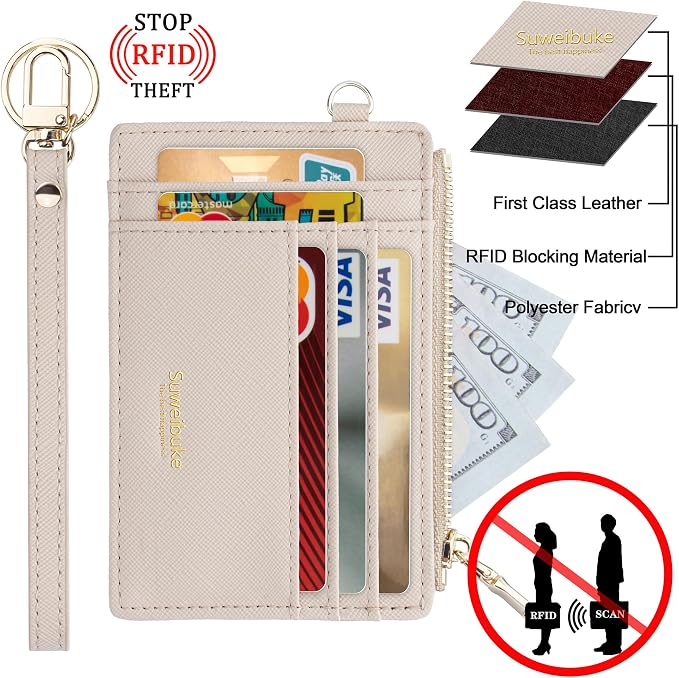 Wikavanli Women Slim Rfid Blocking Credit Card Case Holder Wristlet Zip ID Case Wallet Small Compact Leather Wallet Coin Purse with Keychain (Off-White)