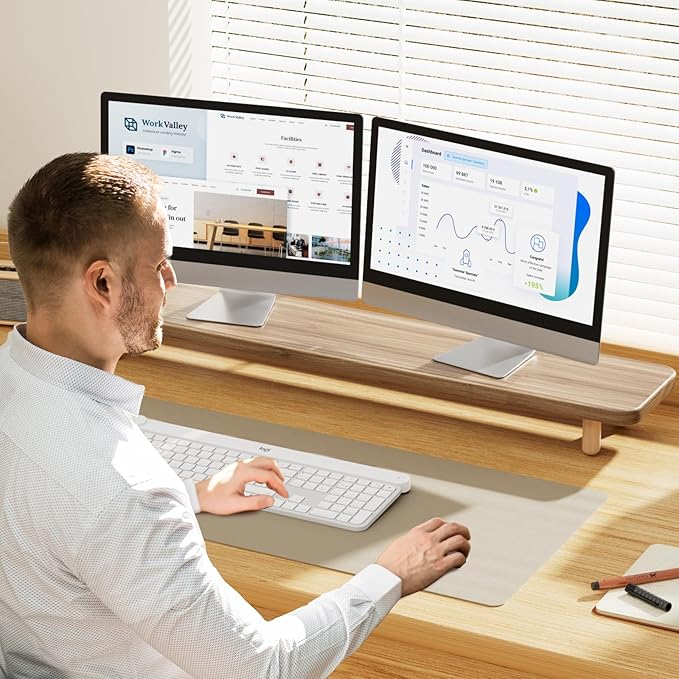 Dual Monitor Stand Riser, 39 Inch Extra Long Wooden Desktop Monitor Riser with Storage for 2 Monitors Ultra Strong Desk Shelf Organizer Riser Ergonomic for 2 Screens/Laptop/PC/TV/Printer (Light Walnut, 39inches)