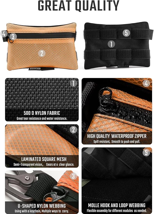 TACTICAL GEEK Storage A5 EDC Storage Pouch Set, Molle EDC Gadget Pouch, Multi-Functional Utility Small Tool Pocket for Daily Carry (Orange)