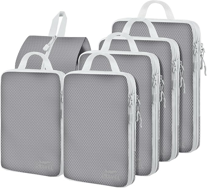 6 Set Compression Packing Cubes, Suitcase Organizer, Lightweight Travel Essentials, Compression Bags For Travel Accessories Luggage Storage Set (6Pcs, Gray)
