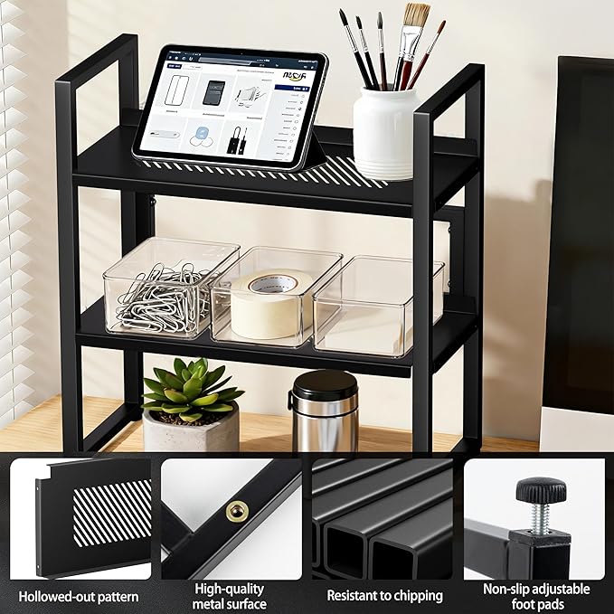 Brakki Desk Shelf Organizer, Adjustable 2 Tier Metal Desktop Shelves, Desktop Bookshelf Organization with Foot Mat, Multi-Functional Small Storage Rack for Office Dorm Home, Black