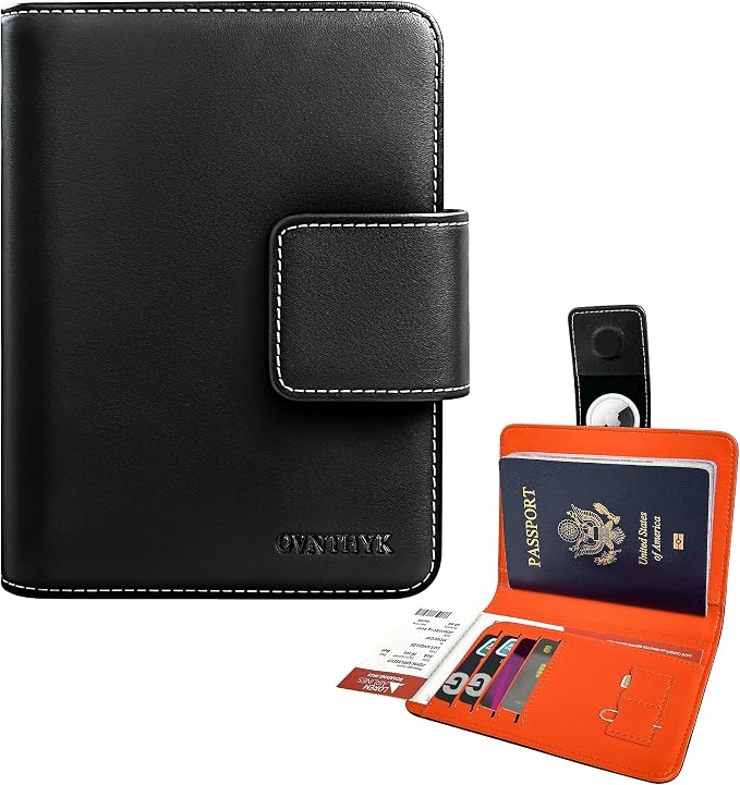 Passport Holder with Hidden AirTag Slot - RFID Blocking Leather Travel Wallet for Men & Women, Slim Anti-Loss Organizer