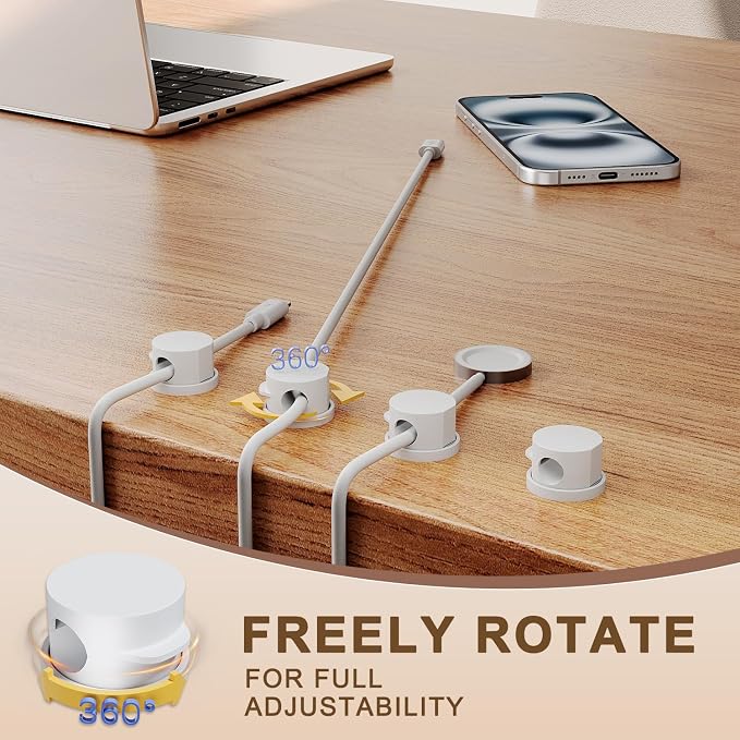 Cord Organizer Holder Clips 12 Pack 360° Rotatble Spring Cable Management,Hide Phone Charging Cable Keeper Strong Adhesive Wire Charger Holder for Home Car Office Nightstand Desk (White)