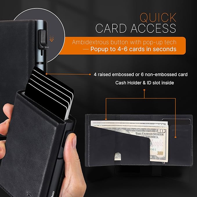 Conceal Plus Card Blocr Pop Up Wallet for Men - Slim Metal RFID Blocking Card Holder (4-6 Cards Ejector) - Minimalist Smart Front Pocket Wallet with Internal Cash + ID Storage