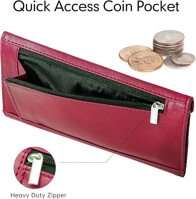 Women's Card Wallet Envelope Style RFID Blocking Credit Card Holder Long Cash Wallet for Ladies, Rose Red