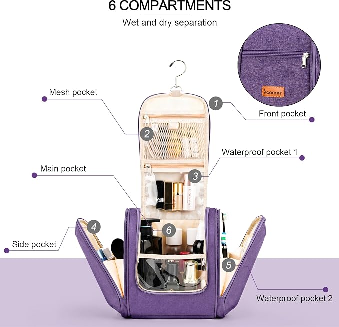 COOSKY Hanging Travel Toiletry Bag for Women and Men, 6 Organizer Compartments, Large Toiletries essentials, Bathroom Cosmetic Accessories, Water-resistant Makeup Bag, Holds Full-Size Shampoo, Purple