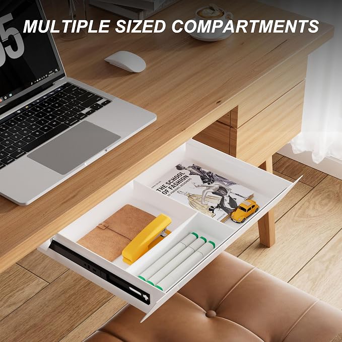 White Under Desk Drawer with Removable Tray, 15.4" Wide 2-in-1 Organizer – 60° Ergonomic Tilt, 4-Compartment Insert for Pens, Phones & Cables, Ball Bearing Slides, for Home Office & Student Desk