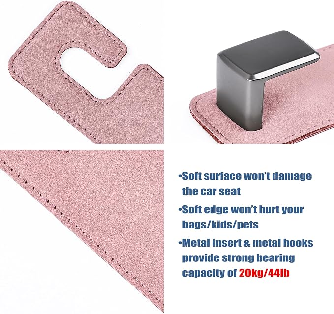 Amooca Car Seat Back Hook Universal Auto Storage Hanger Suede with Metal Car Seat Organizer for Handbag Purse Coat Umbrellas Grocery Bags 2 Pack Pink