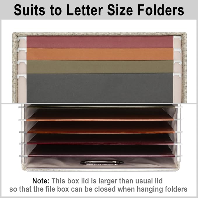 Graciadeco File Organizer Box, Collapsible Storage Filling Collectior with Lid for Letter Legal Size Hanging Folders Decorative Linen File Folder Box Document Storage Filing Bin, Beige 2 Pack