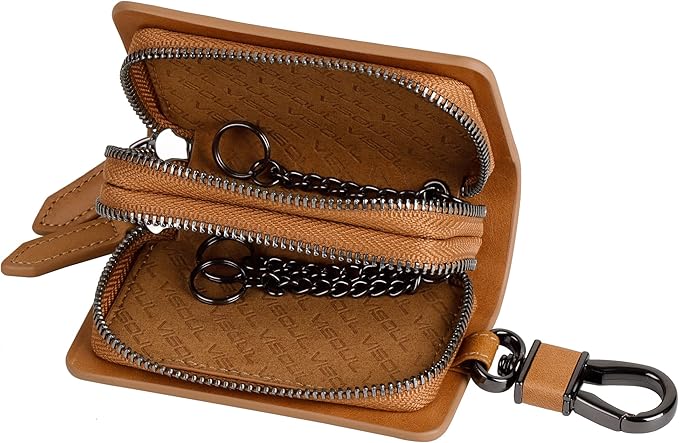 VISOUL Car Key Case Holder Double Zipper, Leather Car Smart Key Fob Case with Keychain for Men and Women