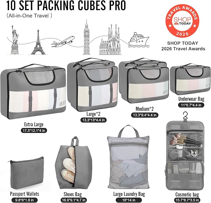 Veken 10 Set Packing Cubes for Travel Essential, Suitcase Organizer Bags in 4 Sizes, Carry-On Luggage Accessories with Large Laundry & Hanging Toiletry Bag, Must-Have for Airplane, Road Trip & Camping