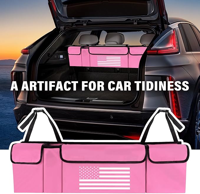 Turcee Car Trunk Organizer,Large Capacity Car Storage Organizer with US Flag Design,Hanging Foldable Car Organizers and Storage Car Interior Accessories (Pink)