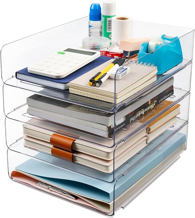 Tiawudi Desk Organizer, Clear Office Organization and Storage, Plastic Letter Tray, Stackable File Organizer for Classroom, Home, Documents, Notes, Folders, Books and Pens, 4 Tier