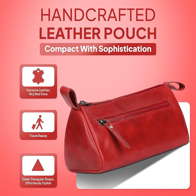 Leather Makeup Bag for Women – Genuine Leather Cosmetic Bag Travel, Handmade Zippered Makeup Pouch, Small Toiletry Bag, Shaving Kit & Stationery Organizer- Red