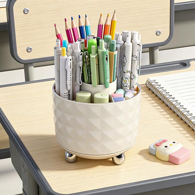 360° Rotating Pencil Holder for Desk, Makeup Brush Holder with 6 Slots, Desk Organizer for Writing Utensil, Office and School Supplies (Milky White)