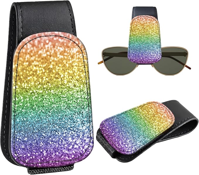 Leather Magnetic Sunglass Holder for Car Sun Visor, Cute Eyeglass Ticket Card Hanger Clip, Universal Auto Interior Accessories for SUV Pickup Truck, Rainbow Glitter