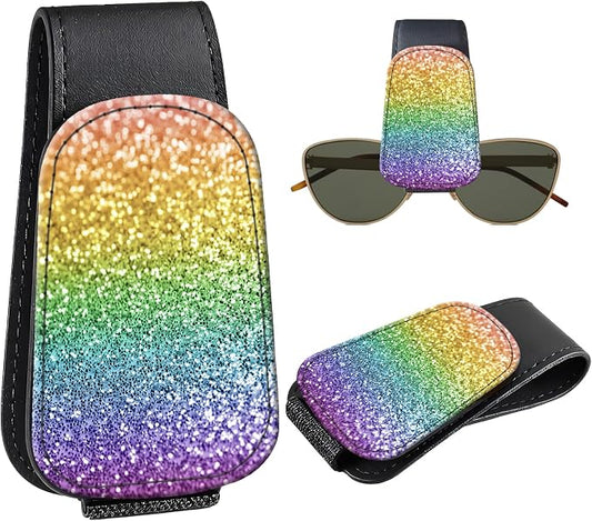 Leather Magnetic Sunglass Holder for Car Sun Visor, Cute Eyeglass Ticket Card Hanger Clip, Universal Auto Interior Accessories for SUV Pickup Truck, Rainbow Glitter