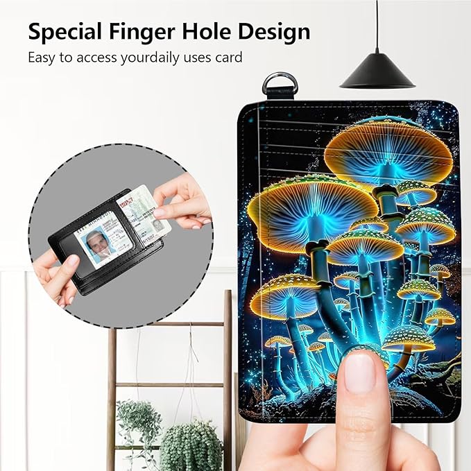 Slim RFID Blocking Card Holder Wallet with Wrist Strap - Minimalist Front Pocket Wallet, Luminous Mushroom Design, PU Leathe, for Men & Women, Ideal for Travel & Gifts