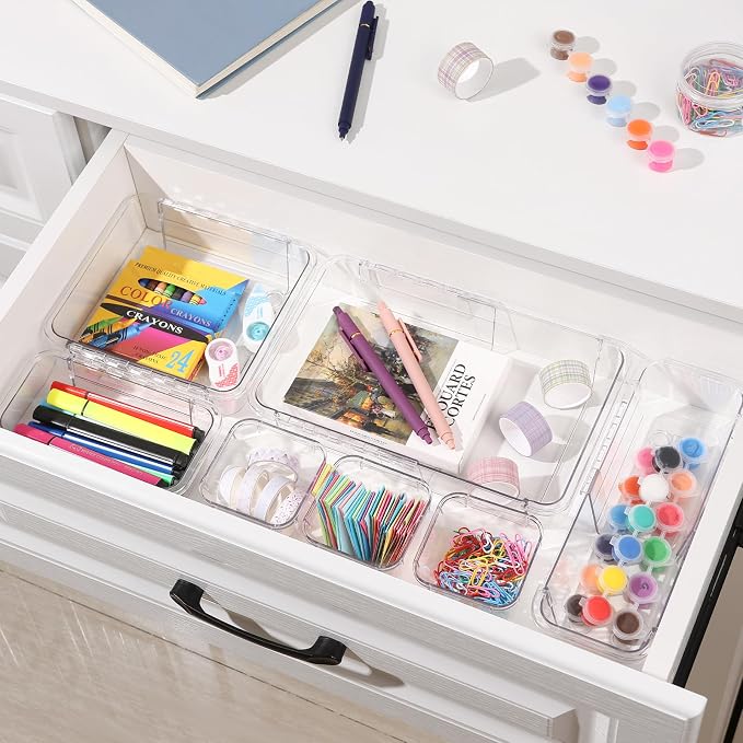 20 Pcs Adjustable Clear Drawer Organizer, Extendable Vanity Storage Bins, Desk Drawer Organizer Set for Makeup, Cosmetics, Bedroom, and Gadgets, Clear