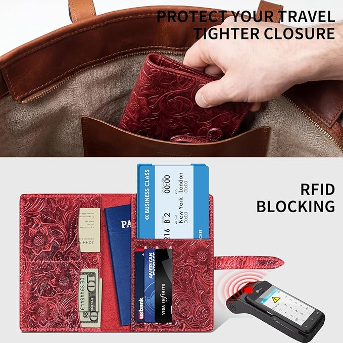 Genuine Leather Passport Holder Travel Bifold Wallet For Men And Women Slim RFID Blocking Red
