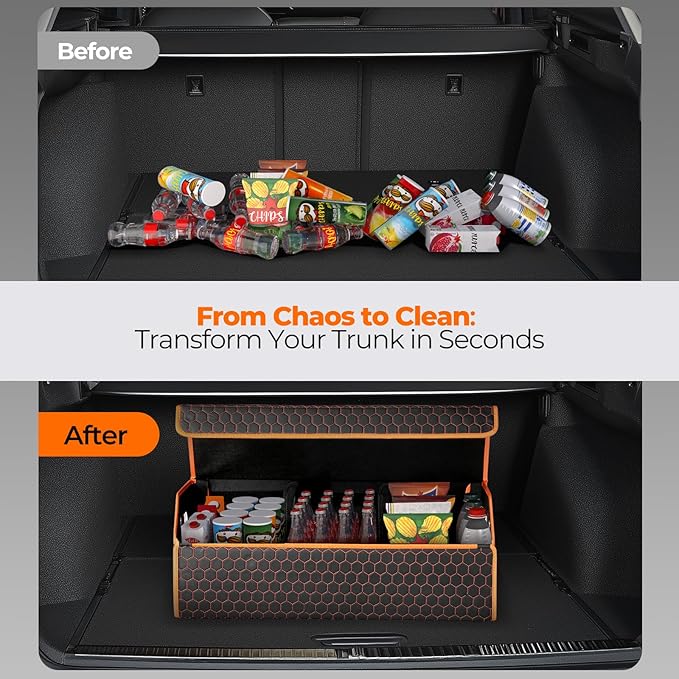 Fyzeoty Car Organizers and Storage - Trunk Organizer for Suv Car,Car Trunk Leather Storage Box,Extra Large,Magnetic Lid,Collapsible and Adjustable