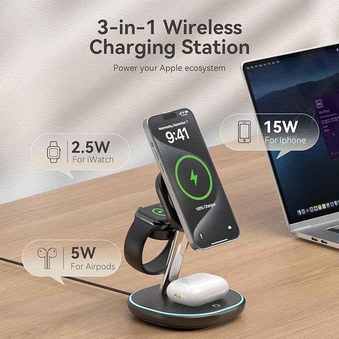 2026 3 in 1 Charging Station for Apple iPhone AirPods Watch with Mag-Safe Charger Wireless Charger Stand for iPhone 17 16 15 14 13 12 Series AirPods iWatch Series (30W USB-C Charger Included)