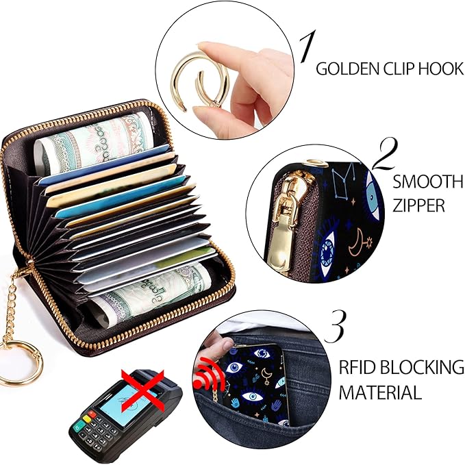 Credit Card Holder RFID Wallet, Small Card Holder Wallet for Women with Keychain Zipper, Funny Leather Print Credit Card Wallets Accordion Gift