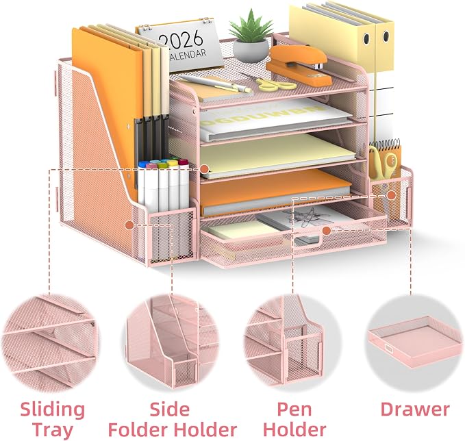 SUPEASY Mesh Desk Organizer with File Holder, 5-Tier Paper Letter Tray Organizer with Magazine Holder, Desktop Organizer and Storage with Drawer for Office Supplies Home or School (Pink)