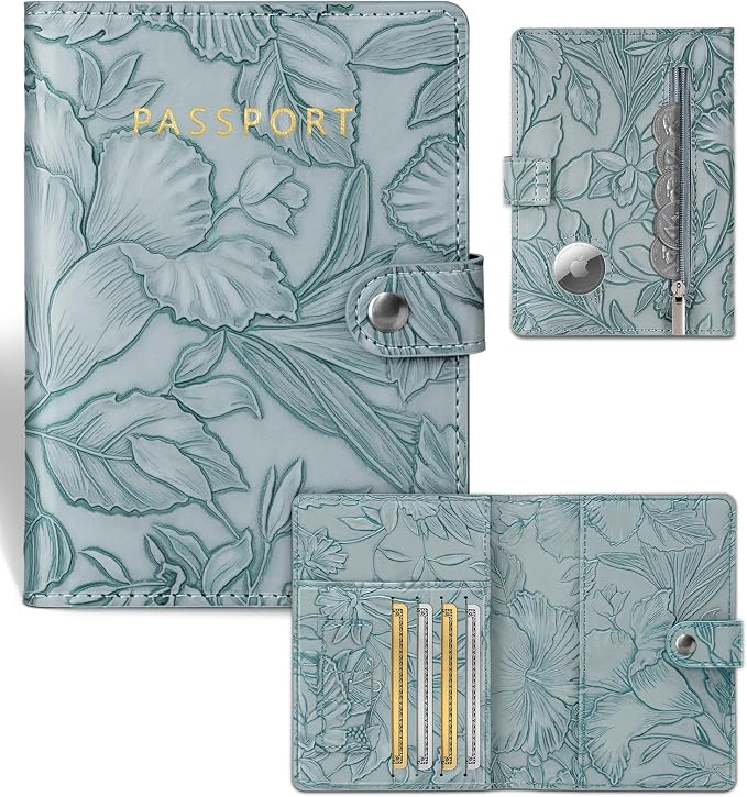 Slohif Floral Embossed Passport Wallet - Elegant Passport Wallet with AirTag Holder & RFID Blocking Slim Vegan Leather Passport Cover with Money Pocket and Card Slots Dusty Blue