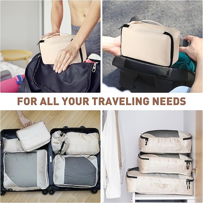 Toncoke 8-Piece Packing Cubes for Travel, Mesh Luggage Organizers with Shoe Bag, Toiletry Bag, Laundry Pouches, 4 Sizes (XL/L/M/S) for Suitcase Organization, Men Women Kids, Beige
