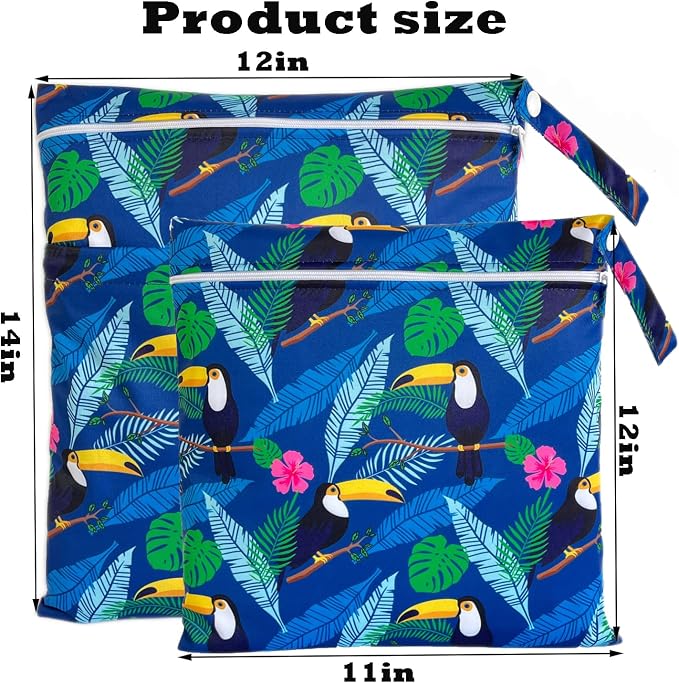 Wet Dry Bag for Cloth Diapers, 2PCS Waterproof Reusable Wet Bag with Zippered Pockets, Washable, Reusable for Travel, Beach, Pool, Stroller, Diapers, Dirty Gym Clothes, Swimsuits, 14x12In & 12x11In