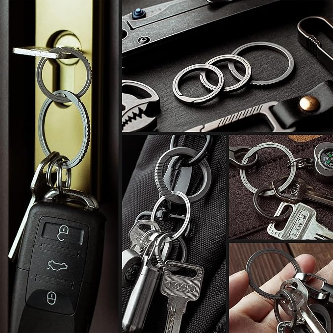 TISUR Titanium Keychain Rings, Split Side Pushing Key Rings Heavy Duty Black Key Ring For Key Chain Carabiner Dog Tag Ring