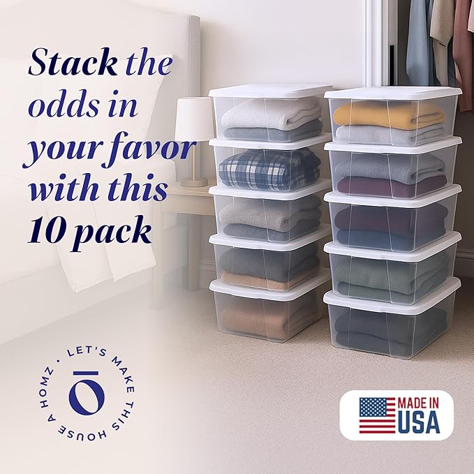 HOMZ 10-Pack Snaplock, Small Clear Plastic Storage Organizer Bins w/ Lids, 6 Quart, White - Stackable Container Boxes for Bedroom, Bathroom, Garage, and Office Organization