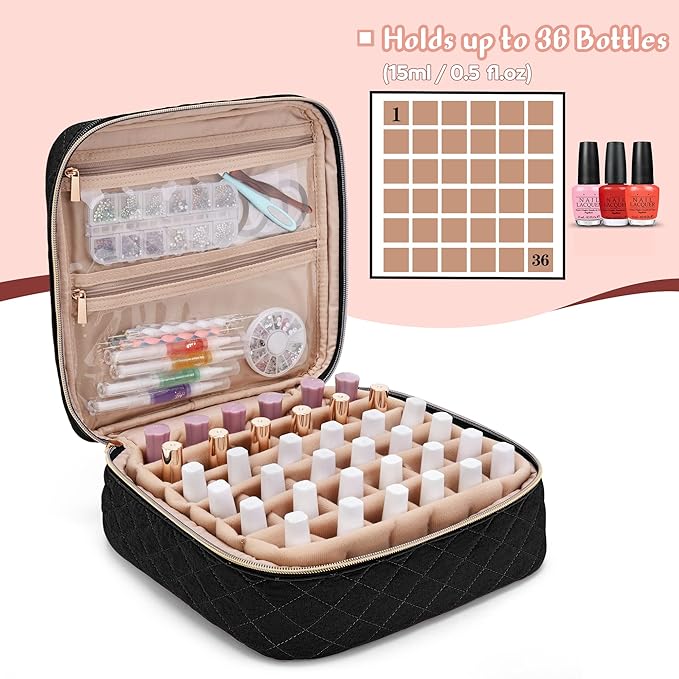 Yarwo Nail Polish Carrying Bag Holds 36 Bottles (15ml/0.5 fl.oz), Travel Storage Organizer for Nail Polish and Manicure Accessories, Black