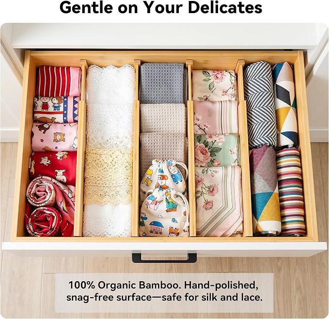 4 Pack Deep Drawer Dividers, 8" High Bamboo Expandable Drawer Organizers, 17-22" Adjustable Tension Separators, Large Drawer Dividers for Kitchen, Bedroom Dresser, Baby Nursery & Bathroom