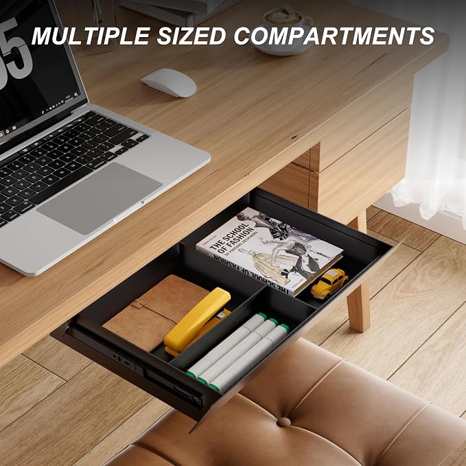 Under Desk Drawer with Removable Tray, 15.4" Wide 2-in-1 Organizer – 60° Ergonomic Tilt, 4-Compartment Insert for Pens, Phones & Cables, Ball Bearing Slides, for Home Office & Student Desk
