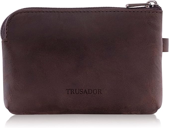 Trusador Milano Unisex Leather Front Pocket Wallet Coin Purse Zipper Pouch with Keychain (Brown)
