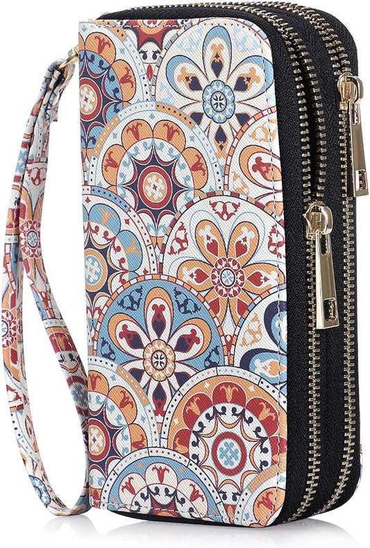Cellphone Wallet for Women Dual Zipper Long Purse with Removable Wristlet