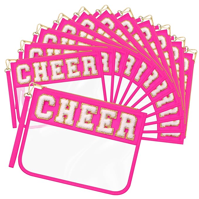 Abbylike 12 Pcs Snack Bags Clear Chenille Letter Cheer Zipper Pouch Waterproof PVC Large Travel Makeup Cosmetic Storage Organizer Bag for Mom Team Cheerleaders Teacher (Rose Red)