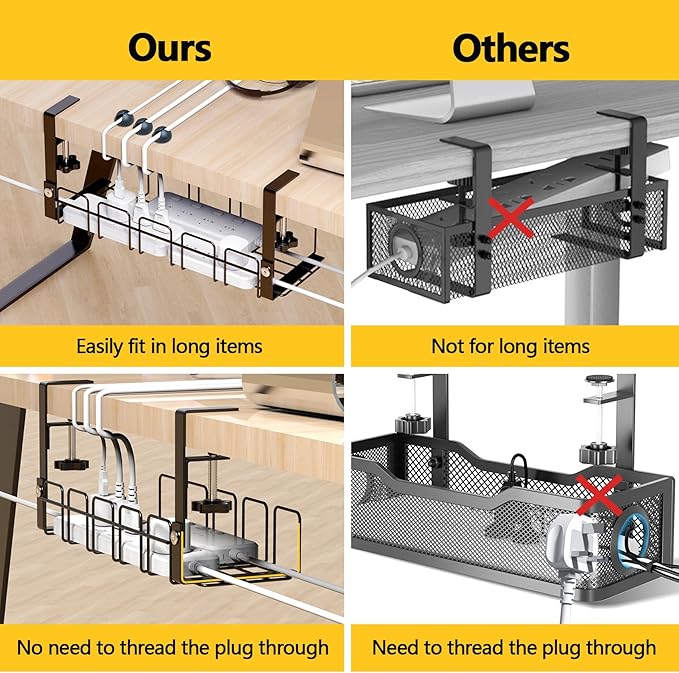 Under Desk Cable Management Tray,15.7” No Drill Cord Organizer with Clamps for Wire Management,4MM Under Desk Cable Management Tray for Home Office(Black)