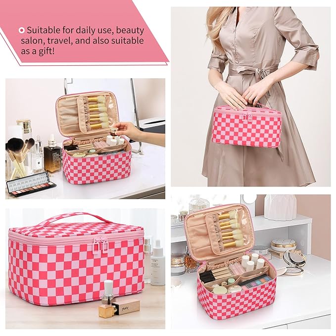 OCHEAL Makeup Bag Portable Cosmetic Bag For Women, Large Capacity Travel Makeup Case Organizer, Toiletry Bag for Girls Traveling With Handle and Divider-Pink