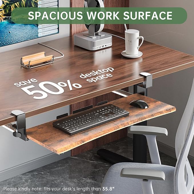 UPGRAVITY Extra Large Keyboard Tray Under Desk - Slide Out with Sturdy C-Clip Mount System, Extra Wide 31.5" (35.8" Including Clamps) x 11.8" Pull-Out Keyboard Computer Drawer, Rustic Vintage Brown