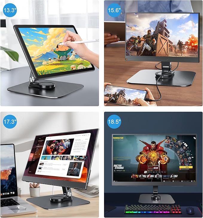 Portable Monitor Stand VESA 75x75mm Holes M4 Anti-Loss Screws, Aluminum Alloy Base, Fits 7"- 18", 15.6" 16" 17" 17.3" 18" Inch Small Monitors Lay Flat, Black Desk Mount (Not Fits100x100mm)
