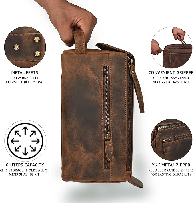 LEATHER VILLAGE Genuine Leather Travel Toiletry Bag - Water-Resistant Dopp Kit for Toiletries, Large Shaving Bag & Bathroom Organizer - Gift for Men & Women - Rustic Brown