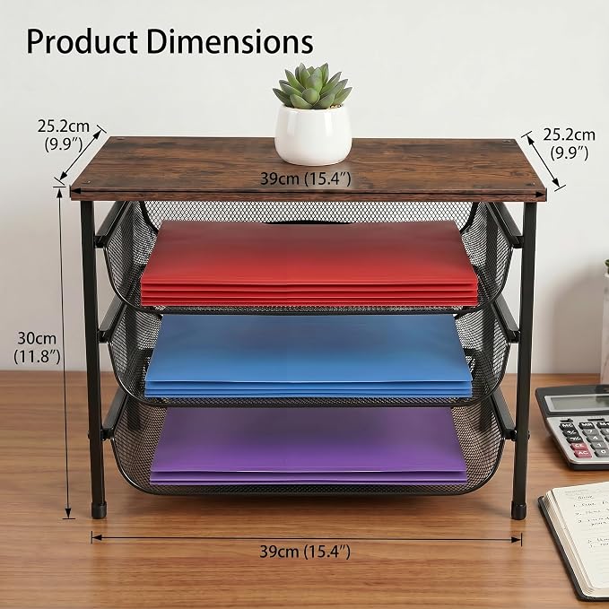 4-Tier Mesh Desk Organizer with Drawer Wooden Top Desktop Organizers File Holder Letter Tray Supplies Paper Organizer Home Office Accessories Black