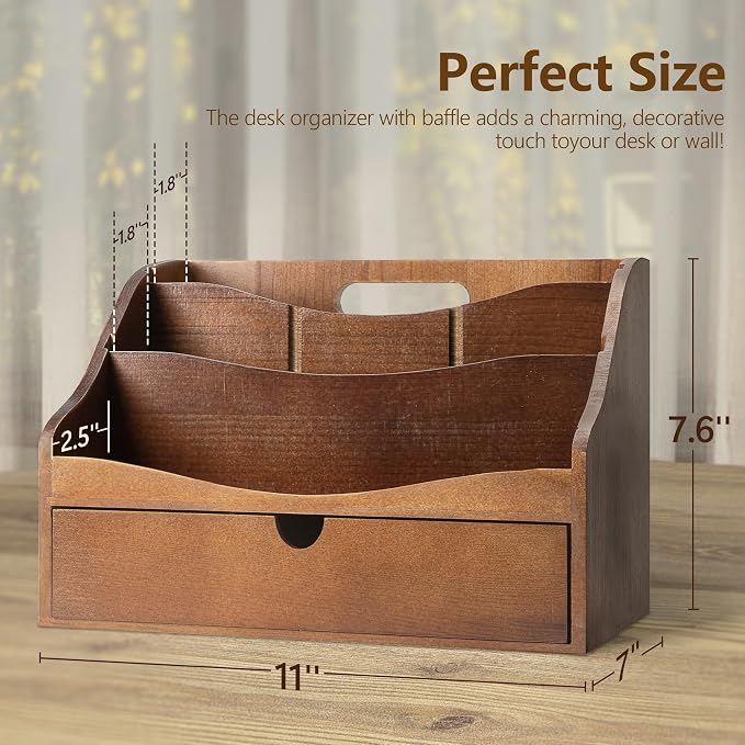 Rebee Vision Pine Wood Mail Organizer for Desk - Retro Farmhouse Mail Holder with Drawer & Dividers - 4-Slot letter paper & Jewelry Sorter, Countertop Mail Organizer for Office Decor(Brown)