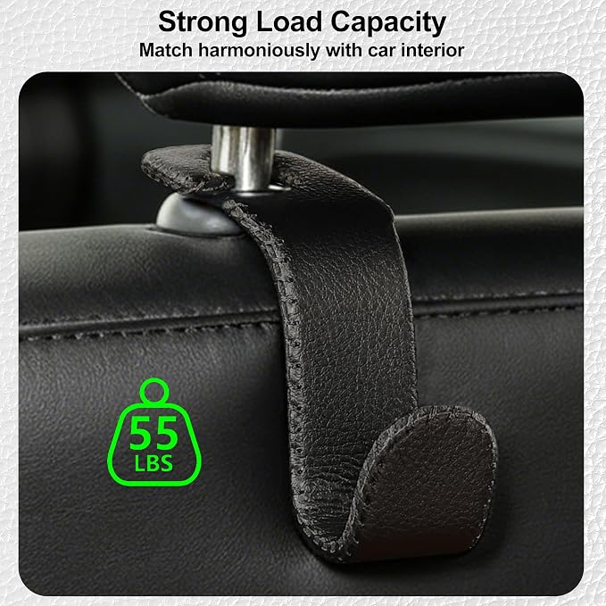 Amooca Car Seat Headrest Hook, Universal Vehicle Storage Hanger, Leather with Metal Car Seat Back Organizer for Handbag, Purse, Coat, Ergonomic Design, Black 4 Pack