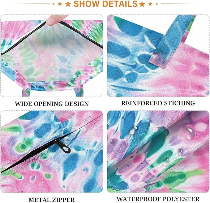 Travel Laundry Bags 2 PC Wet Dry Bag with Handle Dirty Clothes Organizer for Swimsuits Beach Camping Waterproof Washable Tie Dye Blue Green Pink