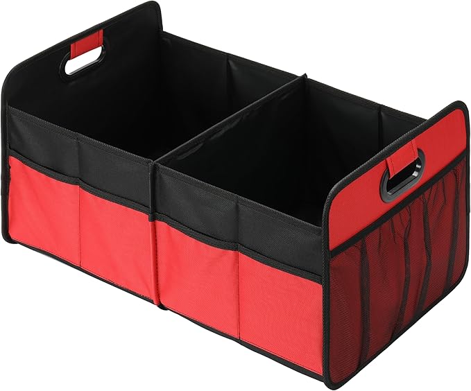 Simple Deluxe Trunk Organizer for Car/SUV/Truck, Collapsible 2 Compartment 50L Automotive Storage Box with 5 Pocket, 600D Waterproof Oxford Polyester, Anti-slip & Leak-proof, Red