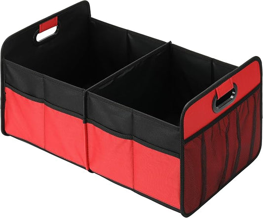Simple Deluxe Trunk Organizer for Car/SUV/Truck, Collapsible 2 Compartment 50L Automotive Storage Box with 5 Pocket, 600D Waterproof Oxford Polyester, Anti-slip & Leak-proof, Red
